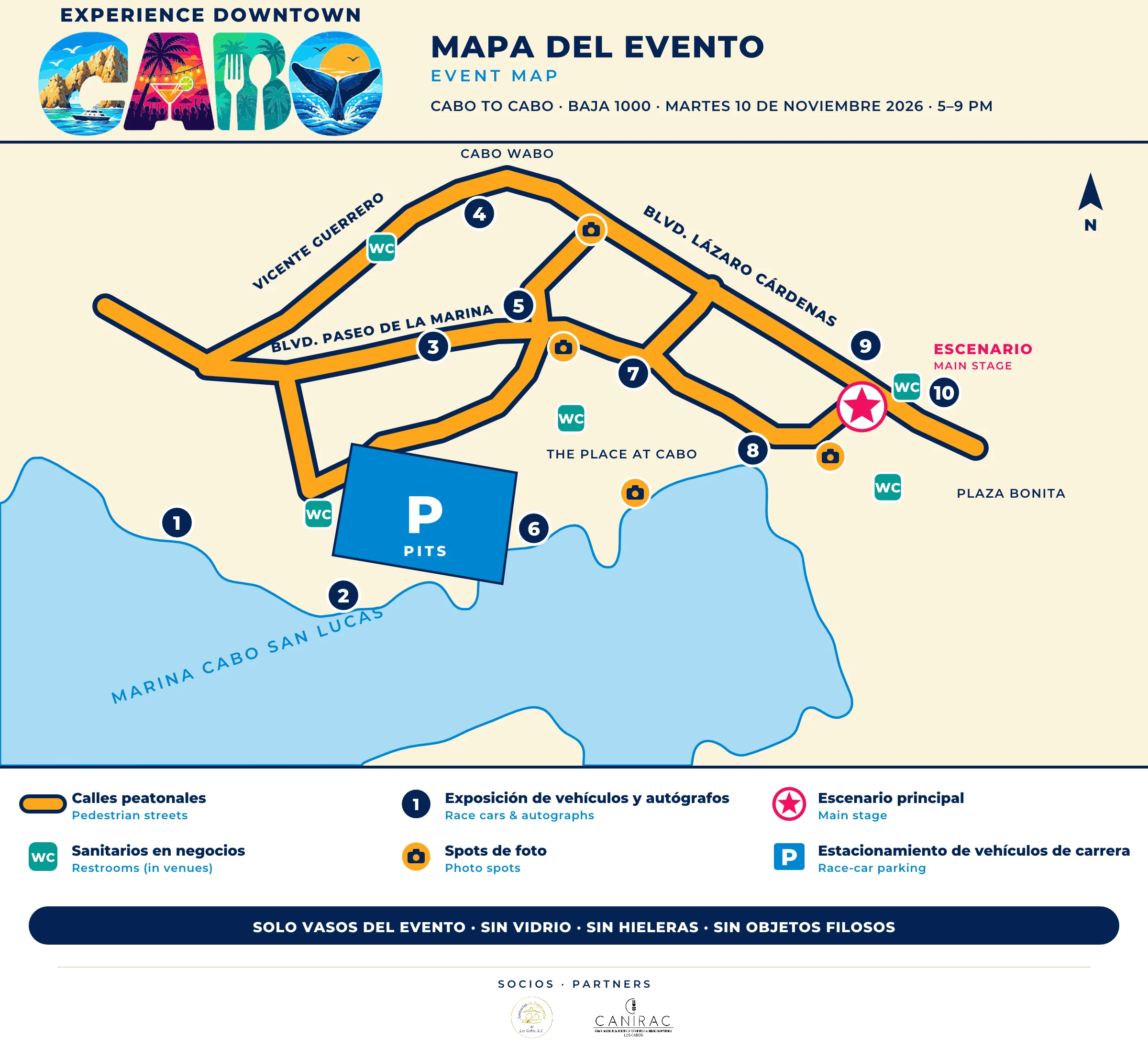 Mapa del recorrido de Experience Downtown Cabo en el centro de Cabo San Lucas, con 10 puntos de exposición de vehículos, escenario principal, sanitarios y spots de foto